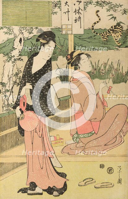 Women viewing dragon and tiger made of tobacco pouches, c. 1795. Creator: Hosoda Eishi.