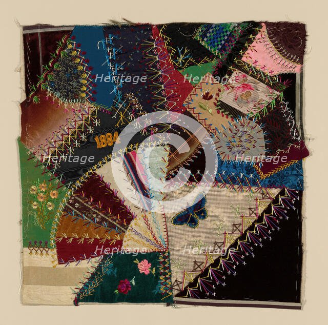Fragment from Bedcover (Crazy Quilt Block), United States, 1884. Creator: Unknown.