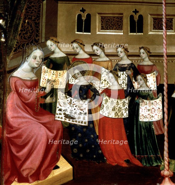 Altarpiece of the Virgin and St. George, detail of embroidery veil of the temple, tempera on wood…