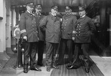 On the Imperator, Capt. H. von Meibom, Com. Ruser, Capt. A. Hoefer, Capt. H. Schetelig..., 1913. Creator: Bain News Service.