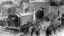 The first pneumatic passenger car, London, 1864. Artist: Unknown