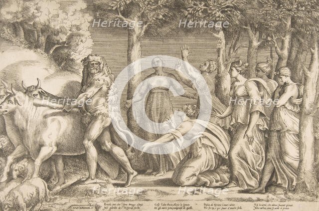 Hercules driving off the cattle of Geryon, at the right are the nymphs of Hesperides, ..., 1531-76. Creator: Giulio Bonasone.