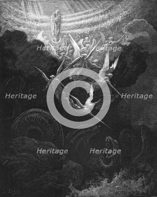 The Archangel Michael and his angels fighting the dragon, 1865-1866. Artist: Gustave Doré