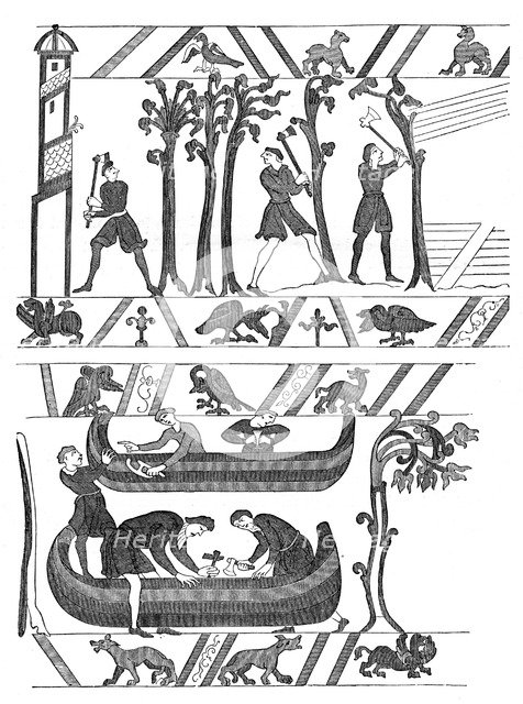 Construction of the boats for William I, Bayeux Tapestry, c1070s, (1870). Artist: Unknown