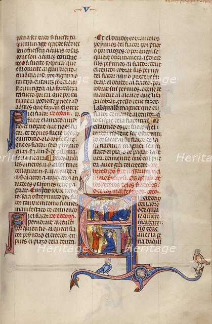 Initial E: Three Men Led before a Judge while a Fourth Man Lies Wounded and..., about 1290-1310. Creator: Unknown.