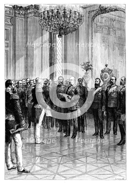 Proclaiming Kaiser Wilhelm I as first German Emperor, Versailles, 1871 (late 19th century). Artist: R Taylor