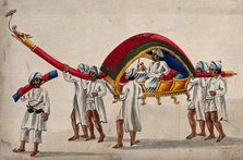 A man is being carried in a litter on the shoulders of four men. Creator: Unknown.