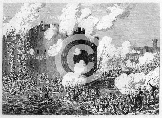 Attack upon the Brass Mount by Lord Guilford Dudley, 1554 (1840). Artist: George Cruikshank