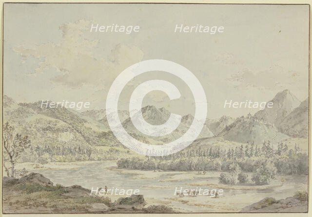 A Swiss valley with a river between fir forests; a castle on the mountain to the right, five cows... Creator: Nicolas Perignon.