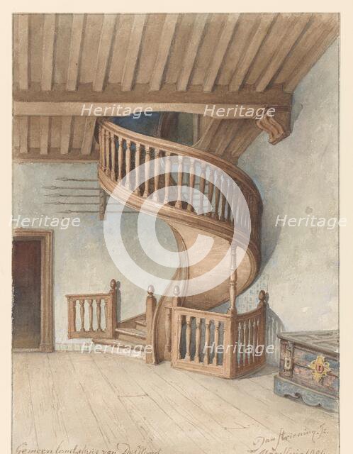 The wooden spiral staircase in the Gemeenlandshuis van Delfland, in Maassluis, 1901. Creator: Jan Striening.