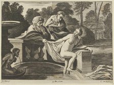 Susanna, partly naked and stepping out of a fountain with two elders at left, one o..., ca. 1656-60. Creator: Théodorus van Kessel.
