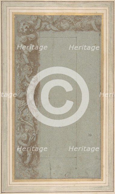 Design for Ornamental Border with Foliage, Putti and a Lion's Head., 1535-1607. Creator: Alessandro Allori.