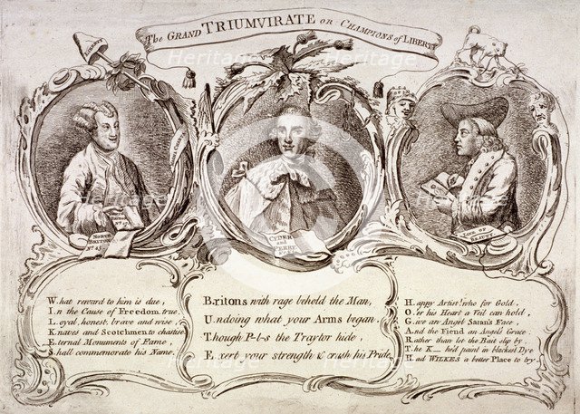 'The Grand Triumvirate or Champions of Liberty ...', 1763. Artist: Anon