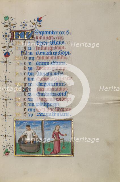 Calendar Page for September: Making Wine: Libra; Book of Hours, about 1450-1455. Creator: Master of the Lee Hours.