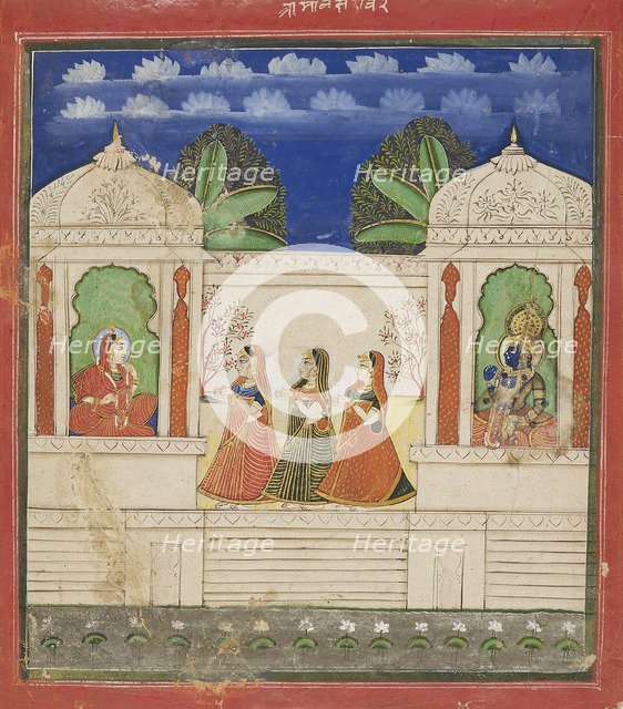 Krishna and Radha in two pavilions, 19th century. Artist: Unknown.