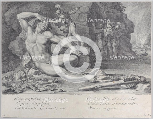 Plate 6: Ulysses driving a burning stake into Polyphemus' eye, 1756. Creators: Bartolomeo Crivellari, Domenico Maria Fratta.