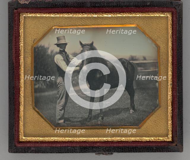 Untitled (Portrait of a Man Wearing a Top Hat Standing Next to a Horse), 1850s. Creator: Unknown.