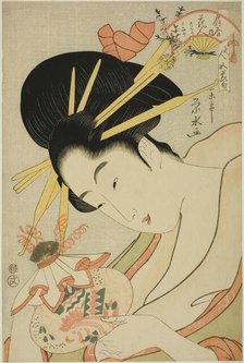 The Courtesan Hanahito of the Ogiya and attendants Sakura and Momiji..., c. 1795/1800. Creator: Ichirakutei Eisui.