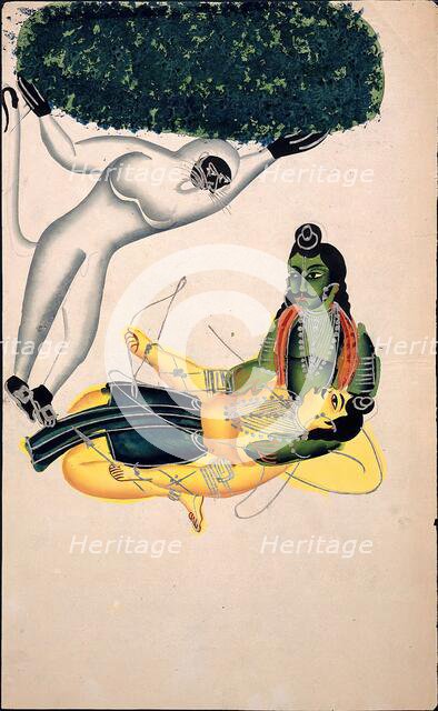 Hanuman, the monkey god, brings a Himalayan mountain with the herb... between 1800 and 1899. Creator: Unknown.