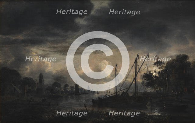 River Landscape in Moonlight;Moonlit View of Canal, 1643-1646. Creator: Aert van der Neer.