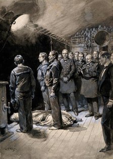 Boer War: a funeral on board a ship at night with officers and crew standing round the body, 1899. Creator: William T Maud.