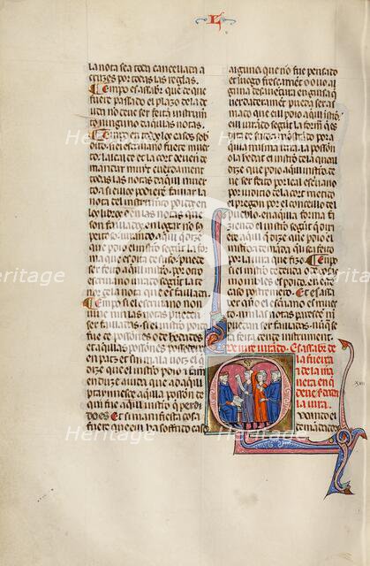 Initial Q: Three Men before a Judge Holding an Opened Book; Vidal Mayor, about 1290-1310. Creator: Unknown.