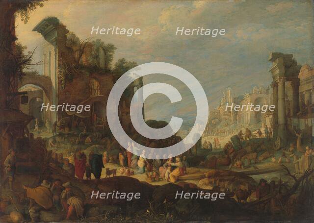 Travellers among Roman Ruins with Rebecca and Eliezer at the Well, c.1602-c.1605. Creator: Willem van Nieulandt.