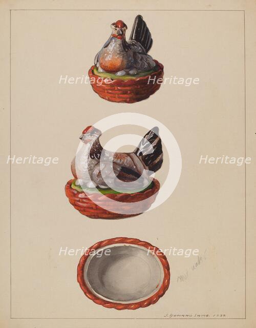 Hen on Basket, 1937. Creator: J. Howard Iams.