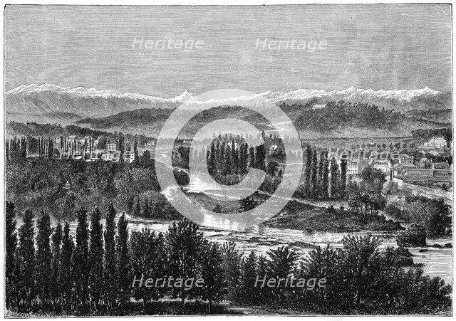 The Pyrenees seen from the terrace of the castle at Pau, France, 1879. Artist: Hildibrand