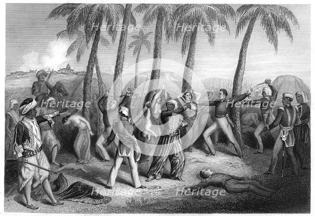 'Massacre of English officers and their wives at Jhansi', 1857, (c1860). Artist: Unknown