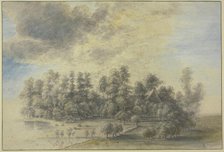 House standing in a group of trees, some cattle grazing by water to the left. Creator: Lucas van Uden.