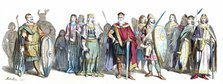 Personages in the court of Charlemagne. Late 8th century, German engraving 1860.