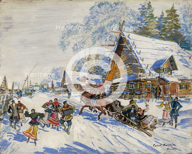 Russian village in winter, .