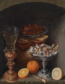 Still life with a wineglass, oranges, a plate with mushrooms and a silver cup, Early 17th cen.. Creator: Flegel, Georg (1566-1638).