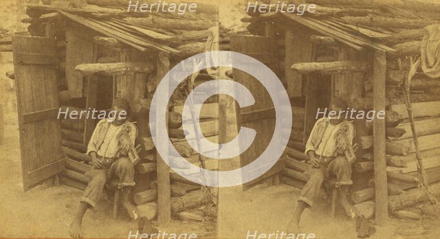 Happy little Bob. [Man playing fiddle in front of cabin], (1868-1900?). Creator: O. Pierre Havens.