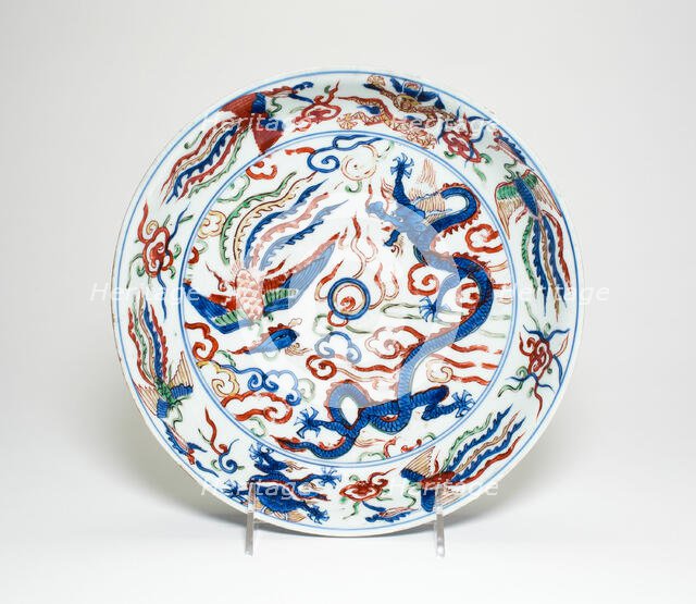 Dish with Dragons and Phoenixes, Ming dynasty, Wanli period, with overglaze enamels added later. Creator: Unknown.