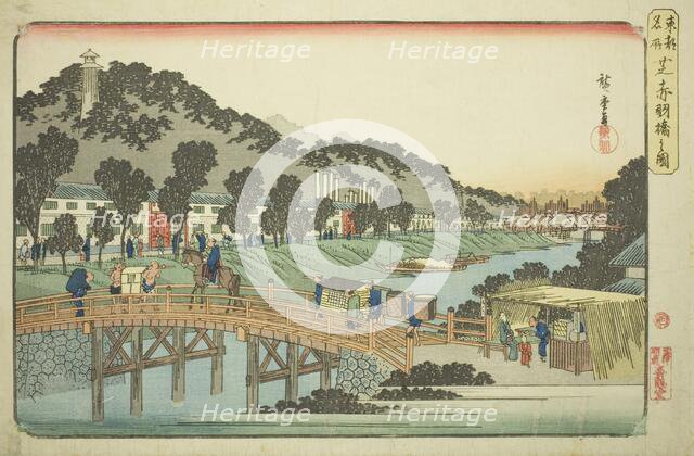 Akabane Bridge in Shiba (Shiba Akabanebashi no zu), from the series "Famous Places..., c. 1832/38. Creator: Ando Hiroshige.