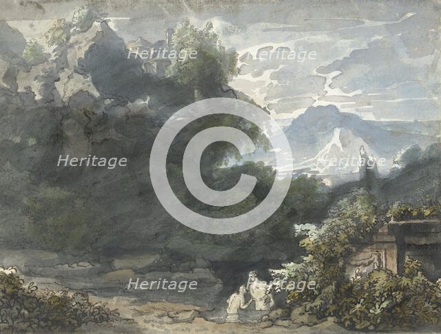 Bathers at ancient monument in mountainous landscape, c.1706-c.1759. Creator: Jacob van Liender.