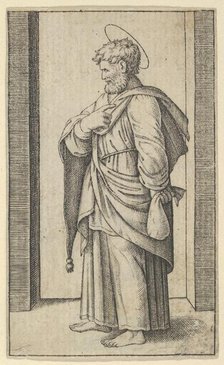 Saint Matthew, a small sack in his left hand, from the series 'Piccoli Santi' (Sm..., ca. 1500-1527. Creator: Marcantonio Raimondi.