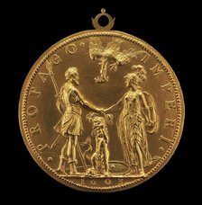 Louis XIII as Dauphin between Henri IV as Mars and Marie as Pallas Athena [reverse], 1603. Creator: Abraham Dupre.