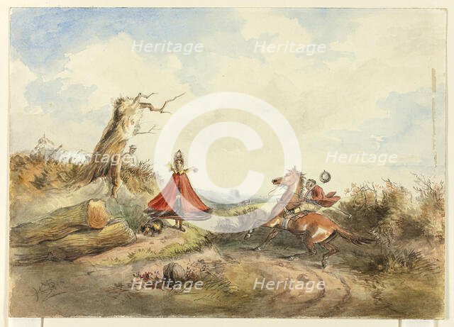 Horse with Rider Shying Away From Woman with Dog, c. 1860. Creator: Hablot Knight Browne.