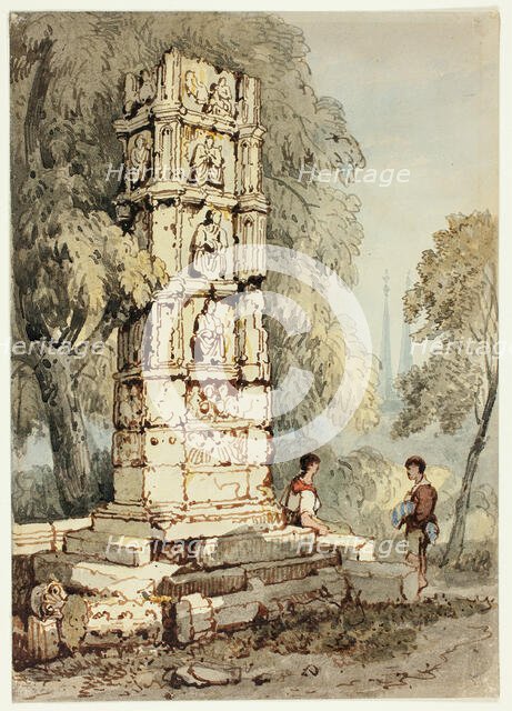 Two Figures Beside Medieval Ruins, with Church in Distance, n.d. Creator: Samuel Prout.