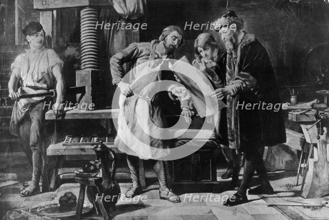 Johannes Gutenberg in his workshop, .