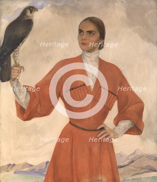 Elegant Lady Dressed as a Cossack and Holding a Hunting Falcon. Creator:  Sorin, Saveli Abramovich (1878-1953).