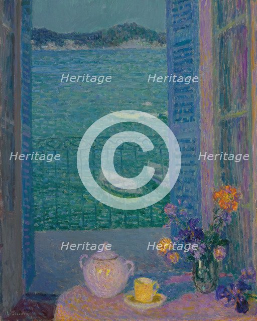 Bunch of flowers at the window, Villefranche-sur-Mer, 1928. Artist: Le Sidaner, Henri (1862-1939)