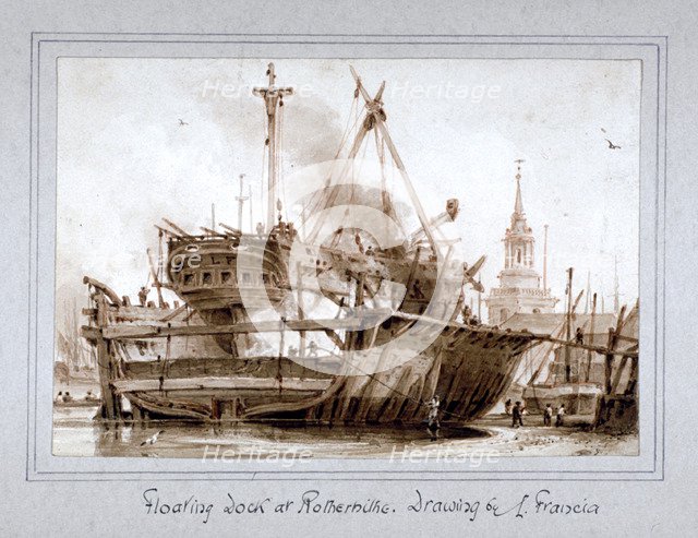 Floating dock at Rotherhithe, London, c1810.      Artist: Francois Louis Thomas Francia