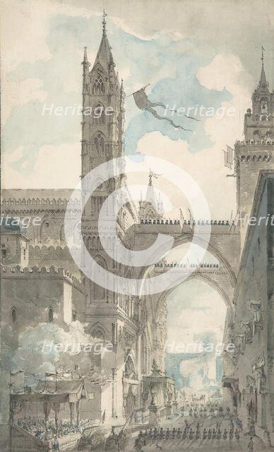 View of the Portal and Principal Entrance of the Cathedral of Palermo during the Festival..., n.d. Creator: Louis Jean Desprez.