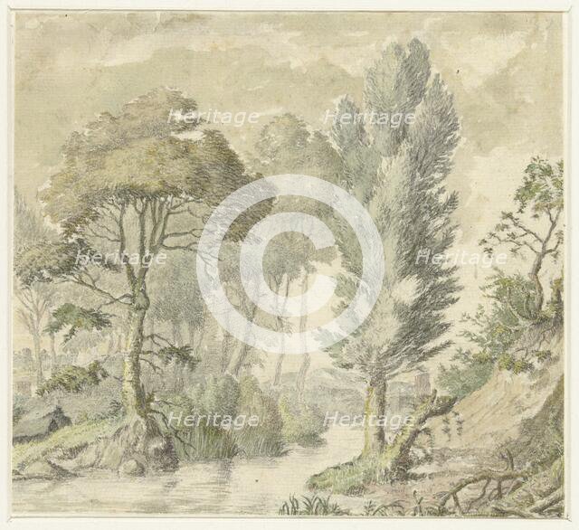 Forest landscape with a stream, and a hill on the right, 1677-1755. Creator: Elias van Nijmegen.