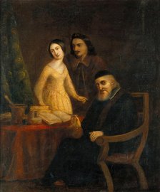 A physician holding a urine flask in the presence of a young woman and man, between 1800 and 1899. Creator: Unknown.