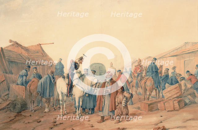 Supply base of the British Army at the Balaclava harbour, 1854. Artist: Norie, Orlando (1832-1901)